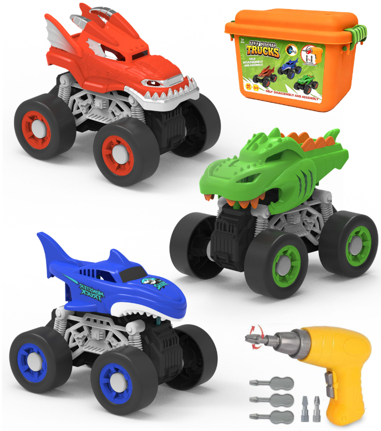 3-Pack Take Apart Monster Trucks Toy Set - DIY STEM Building Construction Vehicles with Electric Drill & Storage Box, Dinosaur Dragon & Shark Off-Road Play Set, Birthday Gifts for Boys Girls