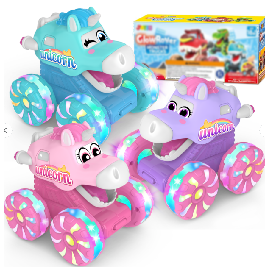 3-Pack Unicorn Monster Trucks Toy Set - Light-Up Wheels Glow Rover Off-Road Vehicles, Push and Go Friction Powered Play Set, Magical Birthday Gifts for Toddler Girls Kids