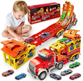 2-in-1 Mega Hauler Truck with Dual Folding Race Track & Car Launcher - Ejection Transport Carrier Storage Toy with 6 Mini Alloy Cars, Crash Course Competition Playset for Boys & Girls