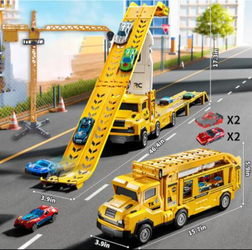 2-in-1 Construction Mega Hauler Truck with Folding Dual Race Track - Construction Toy Carrier with Toy Tower Crane & Mini Racing Cars, Fold-Out Gravity Launcher Playset for Kids Boys